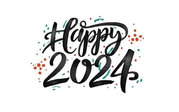 Happy New Year 2024 with calligraphic and brush painted with sparkles and glitter text effect. Vector watercolor illustration for new year's eve and chinese new year resolutions and happy wishes	
