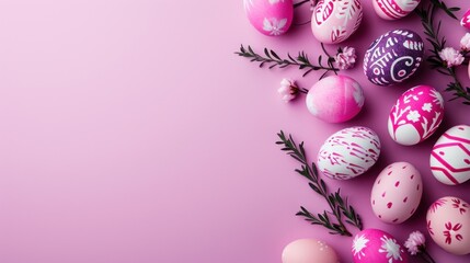 Fototapeta na wymiar Happy Easter decoration background , colorful Easter eggs over pastel pink background. Easter day
