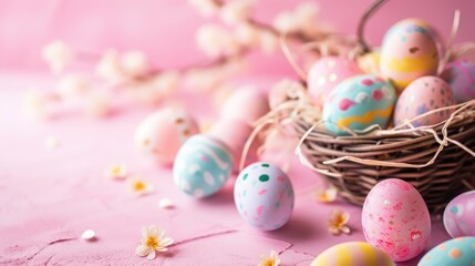 Fototapeta na wymiar Happy Easter decoration background , colorful Easter eggs over pastel pink background. Easter day