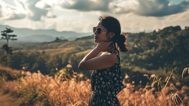 Contemplative Woman Gazing at Sunset in Countryside. Generative AI.