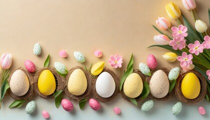 Easter Eggs Background with Decoration - Colorful Easter Eggs laid in Decorative Manners - Space for Copy 