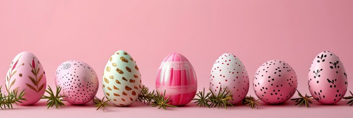 Happy Easter decoration background , colorful Easter eggs over pastel pink background. Easter day