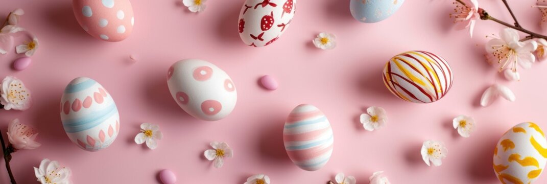 Happy Easter decoration background , colorful Easter eggs over pastel pink background. Easter day