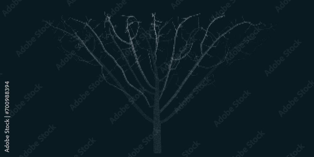 Poster Digital tree with sprouts and binary code. Connections growth. AI spread of data.