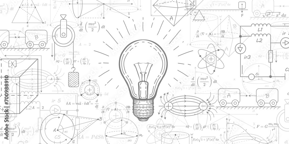 Wall mural glowing light bulb concept. school background in physics and mathematics . formulas and drawings.vec