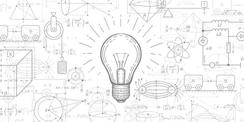 Glowing light bulb concept. School background in physics and mathematics . Formulas and drawings.Vector illustration. - obrazy, fototapety, plakaty