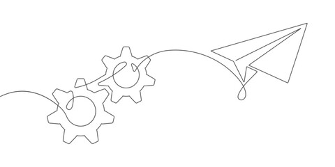 Business concept. Gears. Paper airplane is flying.One line drawing.Vector illustration