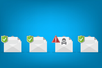 Email / envelope with black document and skull icon. Virus, malware, email fraud, e-mail spam, phishing scam, hacker attack concept. 
