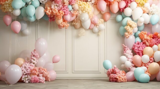 Fototapeta Cascading 3D balloons portraying a waterfall of vibrant spring flowers against a backdrop of muted earthy tones and a white floor.