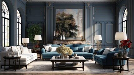 A very large living room with blue couch, red couch and fireplace