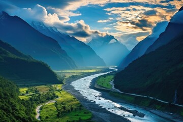 High mountain panorama with a flowing river, lush valleys, and a vibrant sunrise.