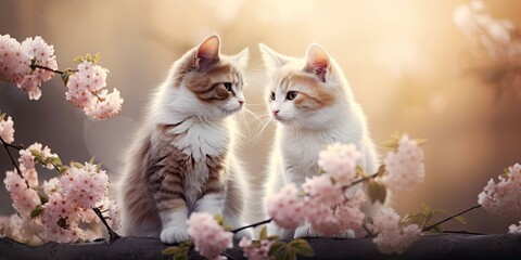 Two cute kittens in a blossoming garden, showcasing their adorable faces and playful charm.