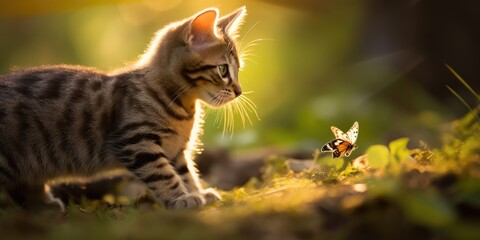 Curious kitten exploring a sunny meadow, captivated by a butterfly, amidst the beauty of nature. - obrazy, fototapety, plakaty
