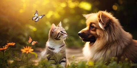 A joyful puppy and kitten lying together in a meadow, surrounded by flowers and butterflies. - obrazy, fototapety, plakaty