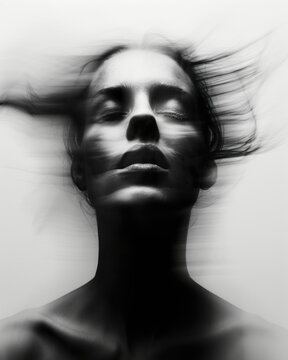 visage d'une femme en noir et blanc dramatique, avec beaucoup de mouvement de flou dans le style du minimalisme abstrait 