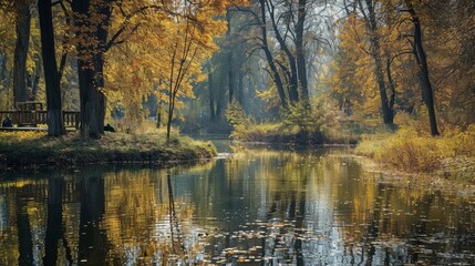 Fototapeta premium Panorama of an amazing autumn scenic with lake landscape