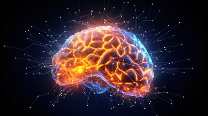 Human Brain. Organ anatomy, neurology, technology concept. Low poly, wireframe digital 3d vector illustration. Abstract art