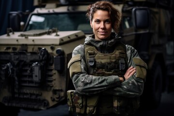 Portrait of a beautiful female soldier standing with arms crossed in military equipment