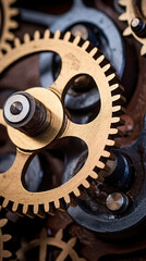Vintage wooden gears and metal cogs interlocked in a rustic mechanical device, exemplifying traditional craftsmanship. - obrazy, fototapety, plakaty