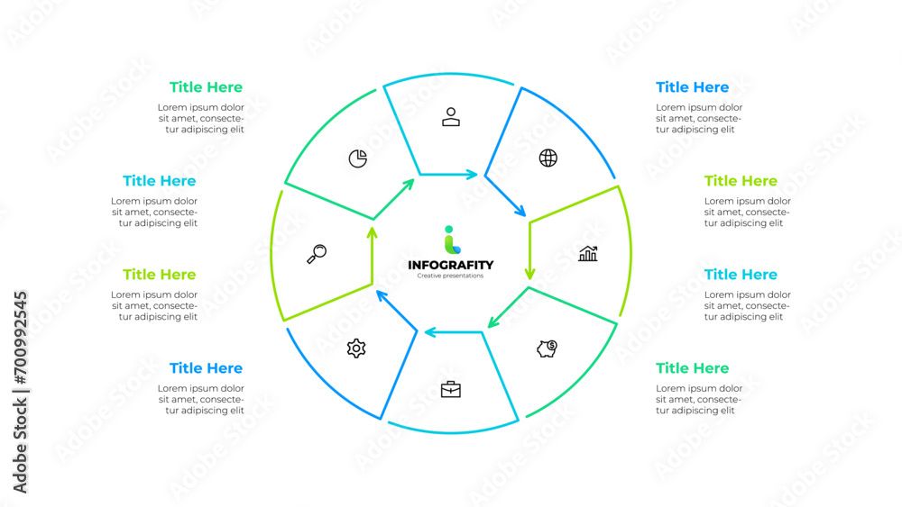 Poster outline cycle diagram divided into 8 sectors. design concept of eight steps or parts of business cyc