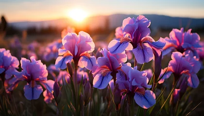Raamstickers spring crocus flowers. Iris flower field. Iris flower. Purple iris. Flower field in nature. Winter time flowers. closeup of a flower growing in the sun © Divid