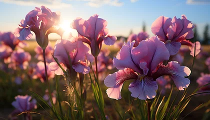Deurstickers spring crocus flowers. flowers in the garden. Iris flower field. Iris flower. Purple iris. Flower field in nature. Winter time flowers © Divid