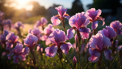 flowers in the garden. Iris flower field. Iris flower. Purple iris. Flower field in nature. Winter...