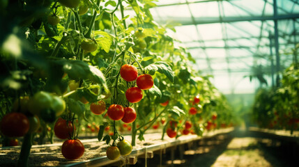 Ripe red tomatoes cluster in greenhouse. Vegetable on organic farm concept . Generative AI