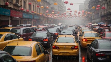 Street scene of a traffic jam on a rainy day, generative AI