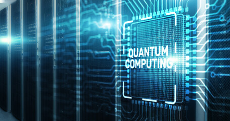 Quantum computing concept. The inscription on 3d Electronic Circuit Board Chip