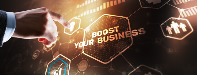 Boost Your Business 2024. Businessman touching finger virtual screen