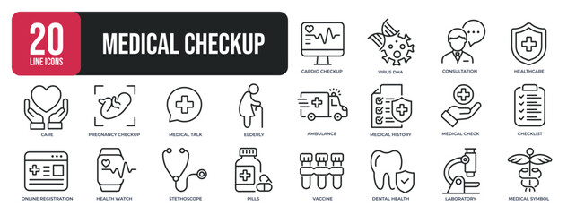 Medical checkup thin line icons. Editable stroke. For website marketing design, logo, app, template, ui, etc. Vector illustration. - obrazy, fototapety, plakaty