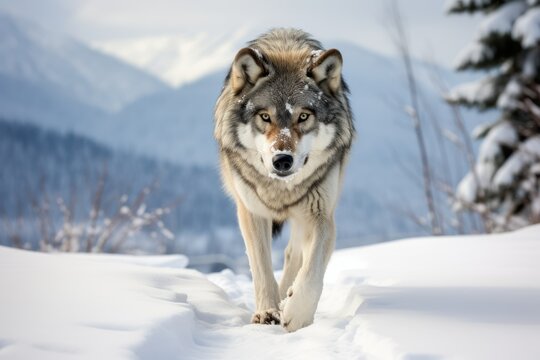 Frame a stunning image of a lone wolf traversing a snow-covered landscape