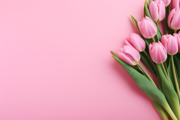 Pink tulip spring flowers on side of pastel pink background with copy space