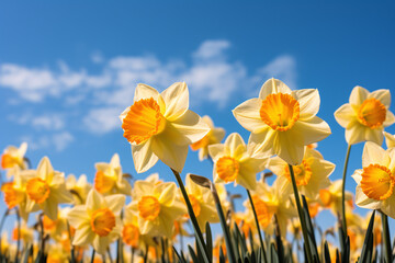 Yellow Daffodil flowers in front of blue sky - obrazy, fototapety, plakaty
