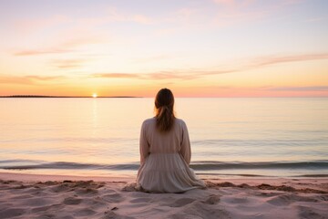 A woman sitting on a pastelcolored beach at sunset