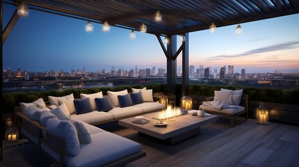 Fototapeta premium Elevated veranda with a stylish outdoor sectional, decorative lanterns, and a view of the city skyline at dusk