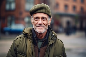 Portrait of a senior man in a cap and coat on the street