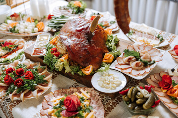Cossack table. Banquet hall Meat treats for guests. Homemade cutouts. Pork tenderloin. Delicious meat cuts. Meat plate. Delicious compositions from smoked mint. Cottage cheese.