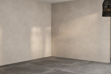 Modern contemporary empty room yard view 3d render overlooking the living room behind the room has concrete floors, beige walls for copy space, sunlight enter the room.