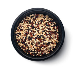 Raw quinoa seeds mix isolated on white background, top view