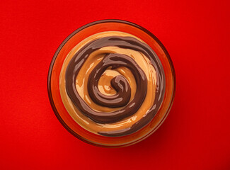Caramel and chocolate cream swirl, top view