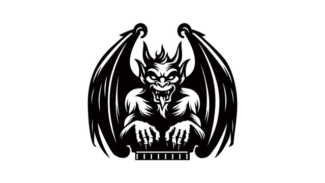 minimal Gargoyle vector drawing- Simple Black gargoyle drawing silhouette with messy hair and tongue out on a White Background