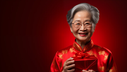 Happy Chinese new year, Asian elderly senior woman holding gift box wearing traditional cheongsam dress on red background, Generative AI