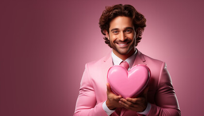 Caucasian young man holding heart shape gift box on pink background, Happy valentines day concept, Generative AI