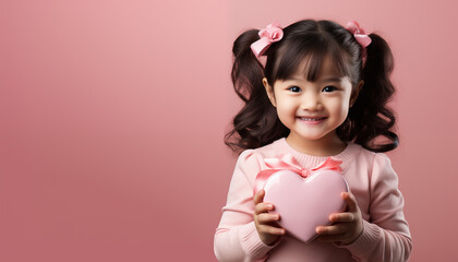 Asian kid girl holding heart shape gift box on pink background, Happy valentines day concept, Generative AI