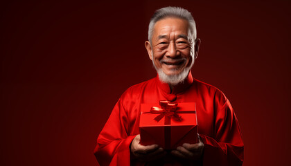 Happy Chinese new year, Asian elderly senior man holding gift box wearing traditional cheongsam dress on red background, Generative AI
