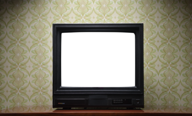 Antique TV with white screen on antique wooden cabinet, vintage design in 80s and 90s style house.