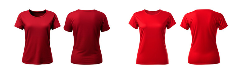 realistic set of female red t-shirts mockup front and back view isolated on a transparent background, cut out