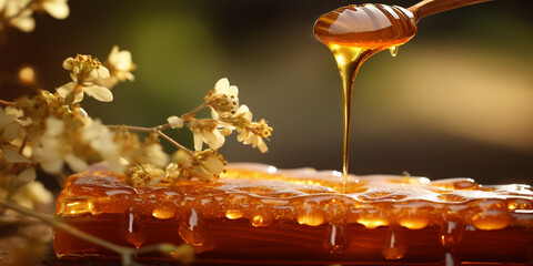 bowl overflowing with honey, honey flowing, on the table, wild flowers around, presentation organic, natural, honey product,